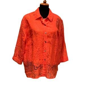 White Stag XL 2 Piece Orange Tank Top Layer w Lacy Overlay Button Down Blouse